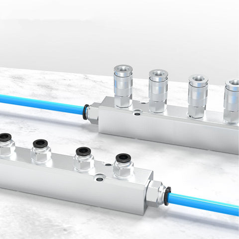 Durable Two Pack Air Manifold Kit With Five Way Seven Port Design on marble surface, showing NPT output and supply ports