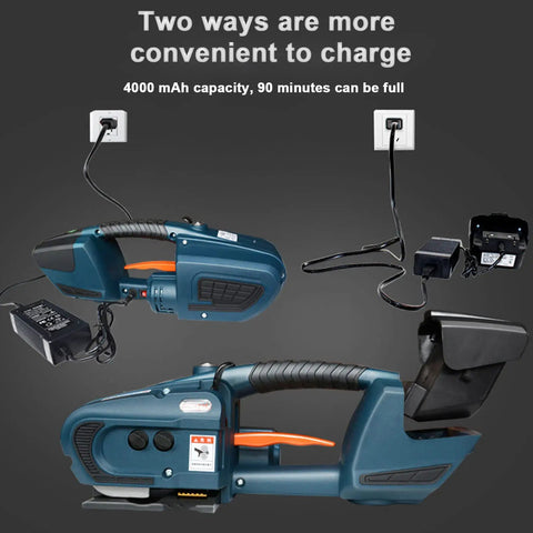 Heavy Duty Portable Electric Strapping Machine With Dual Batteries For Pet Strap Automatic Handheld Banding Tool showing dual charging setup.