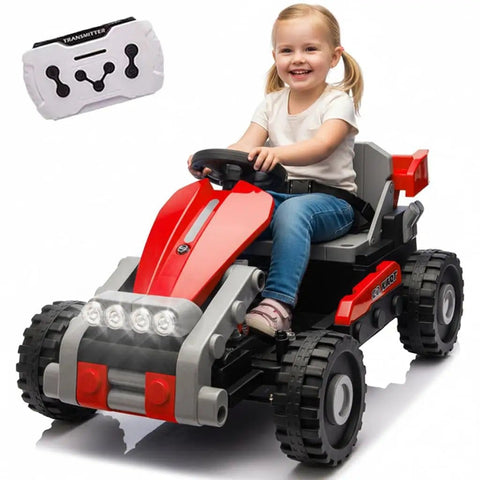 12V Kids Ride On Building Block Car With Parental Remote Control Buildable Jeep Or Go Kart Mode Universal Chassis Switch Between Two Modes Four Wheel Suspension Durable Fun Vehicle For Ages 2 To 4 Red with child riding