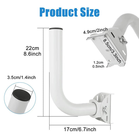 Universal Wireless Bridge Bracket Mount 2 Pack Pole And Wall Mount For Outdoor Antenna with dimensions, heavy-duty steel design.