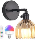 Vintage Battery Operated Wall Sconce With Amber Tulip Glass Lampshade and Remote Controlled Bulb with Black Mount