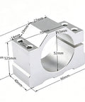 Solid Aluminum CNC Spindle Mount Bracket with Dead On Split Clamping Grip, 52mm size, measures 90mm x 70mm x 40mm, for router setups.
