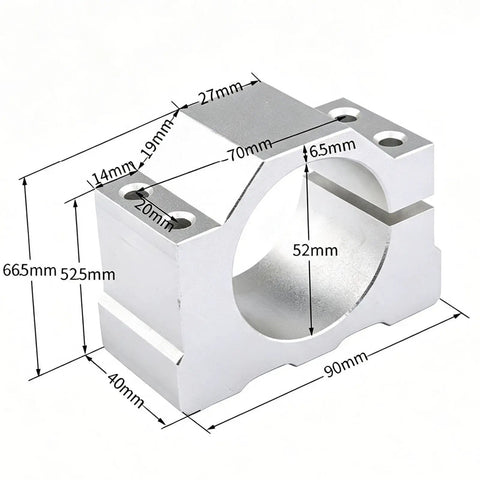 Solid Aluminum CNC Spindle Mount Bracket with Dead On Split Clamping Grip, 52mm size, measures 90mm x 70mm x 40mm, for router setups.