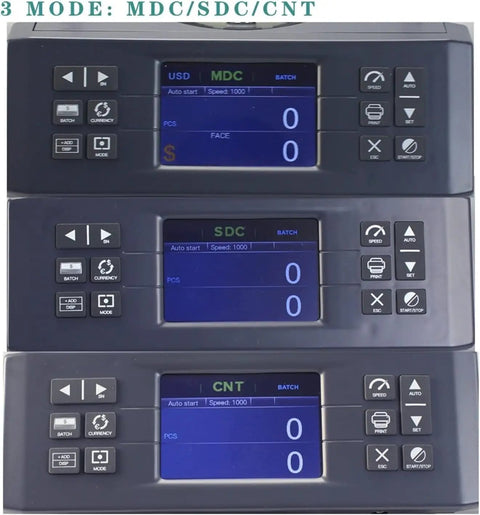 Built Tough Multi Currency Money Counter Machine With Cis Bill Validation And Auto Serial Number Detection Features Lcd Display showing three digital screens with counting modes.