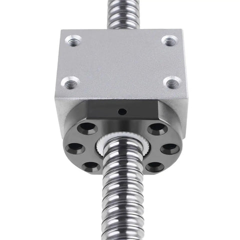 Close-up of SFU1605 Ball Screw Kit end machined ball nut showing low-friction steel build for CNC machine.