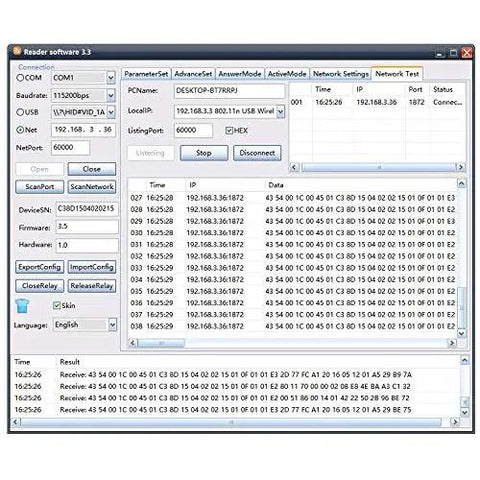 Software interface for Beefy Long Range UHF RFID Reader With 9 dBi Circular Antenna, 902-928 MHz, showing data logs and settings.