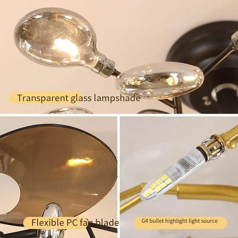 Top-Shelf Modern Firefly Ceiling Fan Light With Glass Shades features transparent lampshades and flexible fan blades for stylish decor.