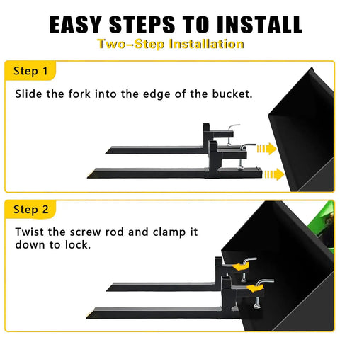 Clamp On Pallet Forks For Tractor Bucket With Adjustable Stabilizer Bar, 43 Inch Length, 2000 Pound Capacity installation steps
