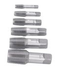 NPT Tap Set Six Piece Carbon Steel Pipe Threading Kit For Auto Shop Fixes Includes One Inch, Three Quarter Inch, One Half Inch, Three Eighth Inch, One Quarter Inch, One Eighth Inch Taps For Clean Starts, Precise Threads And Dependable Threading. six carbon steel NPT taps shown in sizes 1in to 1/8in