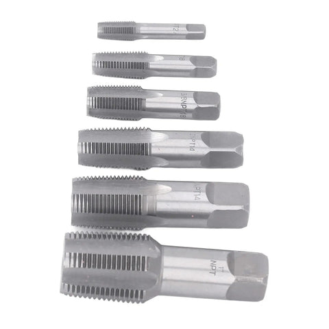 NPT Tap Set Six Piece Carbon Steel Pipe Threading Kit For Auto Shop Fixes Includes One Inch, Three Quarter Inch, One Half Inch, Three Eighth Inch, One Quarter Inch, One Eighth Inch Taps For Clean Starts, Precise Threads And Dependable Threading. six carbon steel NPT taps shown in sizes 1in to 1/8in