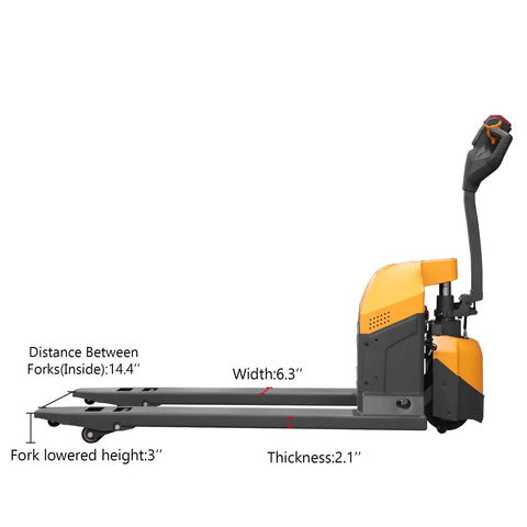 Apollo 4400 Lbs Capacity Electric Pallet Jack With 48 X 27 Forks side view showing ergonomic handle, fork specifications, and compact design.