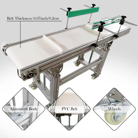 PVC Flat Belt Conveyor With Aluminum Frame Heavy Duty 59x11.8 Inch Industrial Transport Belt System 110V 120W Adjustable Speed