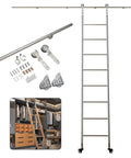 Heavy Duty Sliding Barn Door Hardware Kit Featuring Round Stainless Steel Tubes And Precision Floor Rollers Built Tough For Lofts, with sliding components and a ladder.