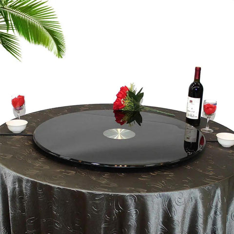 60 To 120 Cm Rotating Tempered Glass Lazy Susan Turntable Black Serving Plate on dining table with wine and flowers