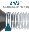 Heavy Duty Clear PVC Dust Collection Hose 2.5 Inch By 20 Foot Puncture Resistant With Carbon Steel Wire Coil For Woodworking Shops And Dust Collectors Jobsite Ready, showing 2.5-inch diameter detail and hose clamp.