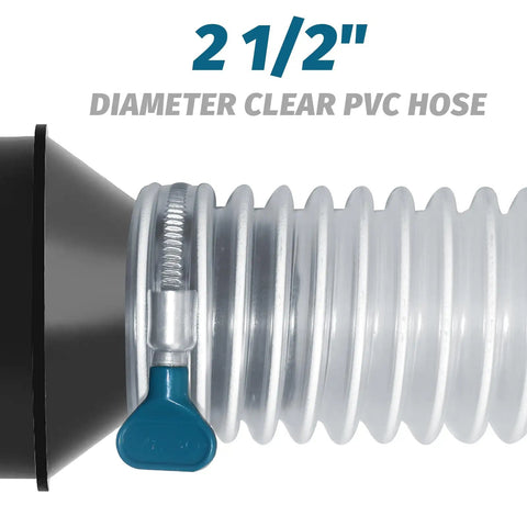 Heavy Duty Clear PVC Dust Collection Hose 2.5 Inch By 20 Foot Puncture Resistant With Carbon Steel Wire Coil For Woodworking Shops And Dust Collectors Jobsite Ready, showing 2.5-inch diameter detail and hose clamp.