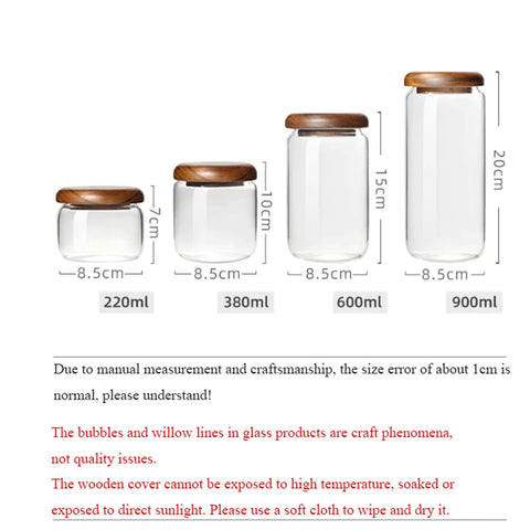 Four Piece Glass Storage Jars With Airtight Wooden Lids Wide Mouth Canister Set for coffee beans, sugar, tea, and pantry use.