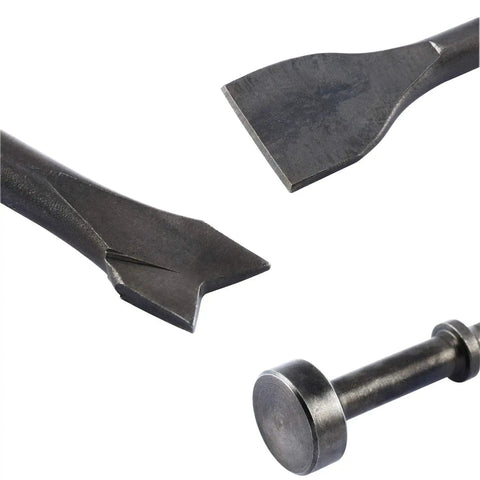 Close-up of three chisel heads from 9-Piece Pneumatic Chisel Set For Air Hammer, Punch And Chipping Bits, 0.39 Inch Round Shanks.