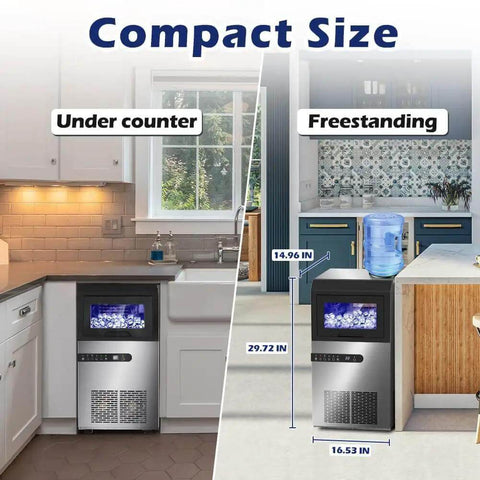 High Efficiency Under Counter Ice Maker, 120 Lbs Per Day, Stainless Steel, dual installation as under counter or freestanding