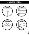 Diagram showing 4 ways to install Slick Cool Gray Polished Quarter Round Tile Trim 1/2 Inch X 12 Inch Edge Cap For Kitchen Backsplash And Bathroom Shower Decorative Tile Liner Corner Trim 12 Pack: cap, liner, corner, trim.