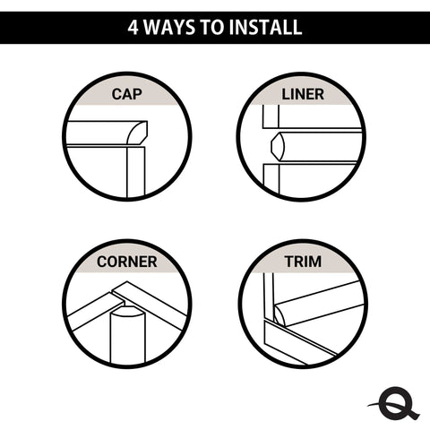Diagram showing four installation methods for Gold Quarter Round Tile Trim Half Inch By 12 Inch Edge Cap For Kitchen Backsplash And Bathroom Shower.