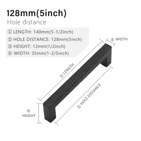 Matte Black Stainless Steel Cabinet Pulls 5 Inch Hole Centers 128mm Square Drawer Handles 10 Pack 140mm Total Length