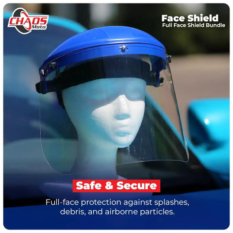 Built Tough Ansi Z87.1 Face Shield Kit Featuring Adjustable Headgear Plus Ten Clear Polycarbonate Shields on a mannequin head.