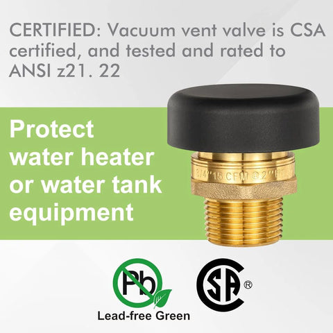 Brass vacuum relief valve, 3/4 in, black dust cap, for water heater or water tank equipment