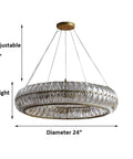 Sleek Modern Crystal Chandelier Ceiling Light With Adjustable Gold Pendant Ring features 24" diameter and 32" adjustable height.