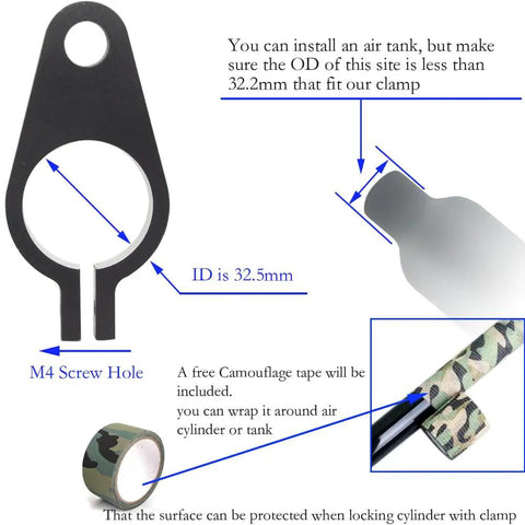 12G CO2 To PCP Regulated Conversion Kit component details with measurements and camouflage tape for Crosman Pistols 1377 2240 1322 2250