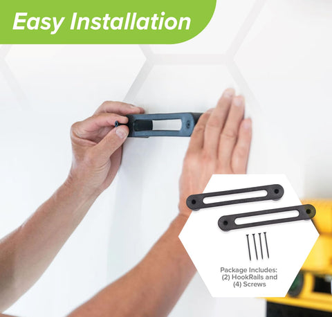 Person installing Hook Rail Strap Organizer 2 Pack For Easy Tie Downs Ratchet And Bungee Cord Storage In Garage Workshop Home Or Enclosed Trailer Low Profile And Rustproof Made In USA.