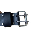 Close-up of Heavy Lift Leather Tool Belt With Sturdy Rivets And Heavy Duty Buckle, showing the chrome buckle and rivets.