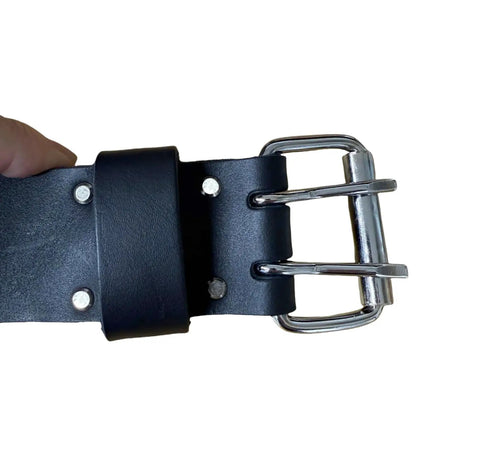Close-up of Heavy Lift Leather Tool Belt With Sturdy Rivets And Heavy Duty Buckle, showing the chrome buckle and rivets.