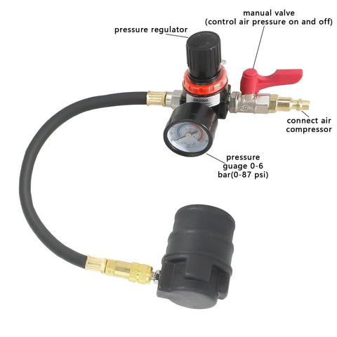 DPTOOL turbo system leakage tester kit, 19pcs, front view showing pressure gauge, regulator, red lever, hose, adapters
