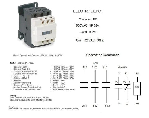 30 Amp 3 Pole Contactor Bundle With 110 To 120V Coil, Handles Motor Load 32A And Lighting 40A, shown with technical specifications