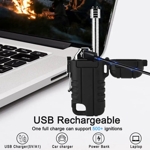Waterproof Windproof Arc Plasma Lighter USB C Rechargeable with flexible neck next to laptop for charging