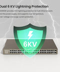 48 Port Gigabit Unmanaged Switch With 2 SFP Slots, showing dual 6KV lightning protection and green shield graphic overlay