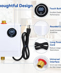110V 3000W Tankless Electric Water Heater Keeps Things Zero Drama With Instant Hot Water Under Sink Smooth Digital Display On Demand Compact Heater features touch button, rounded corners, long power cord.