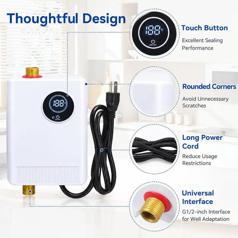 110V 3000W Tankless Electric Water Heater Keeps Things Zero Drama With Instant Hot Water Under Sink Smooth Digital Display On Demand Compact Heater features touch button, rounded corners, long power cord.
