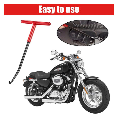 Motorcycle exhaust spring puller tool with rubber-coated red T-handle and long black shaft