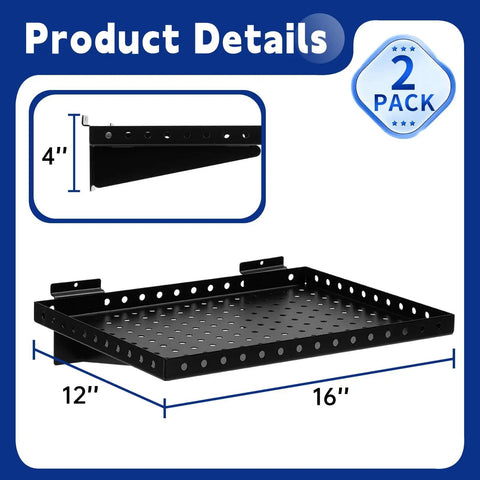 Beefy Heavy Duty Slatwall Shelf 16x12 Inch Steel Storage Rack For Garage And Workshop 2 Pack Holds Up To 100 Lbs All Steel Construction