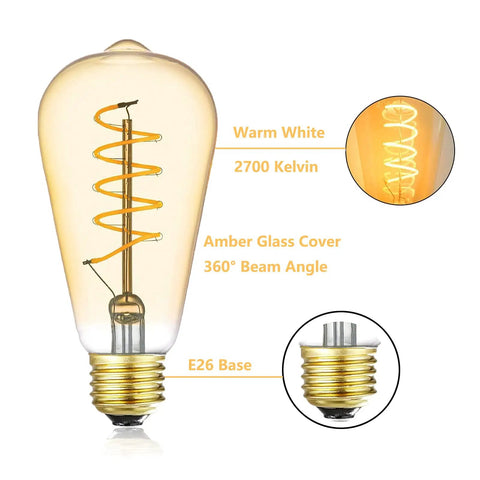 Low Voltage 12V LED Edison Bulbs 40W Equivalent Amber Glass Vintage Spiral Filament With E26 Base For RV 2700K Warm White