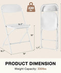 Folding Chairs Set Of 20 With 330 Lb Capacity, dimensions and white plastic stackable design for indoor outdoor use