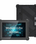 Rock Solid 10.1 Inch Rugged Tablet With 2D Barcode Scanner And Windows 11 Pro displaying specifications on front screen and textured back.