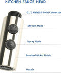 Two Function Kitchen Sink Faucet Sprayer Head With ABS Plastic Brushed Finish G 1/2 Male Connector showing stream and spray modes
