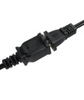 Close-up of Shorty 3 Foot Extension Cord Two Prong Polarized 18 AWG Indoor Power Cable NEMA 5 15P To NEMA 5 15R ETL Listed Black connector