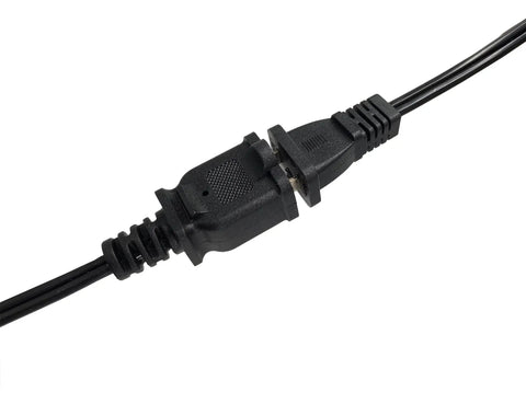 Close-up of Shorty 3 Foot Extension Cord Two Prong Polarized 18 AWG Indoor Power Cable NEMA 5 15P To NEMA 5 15R ETL Listed Black connector