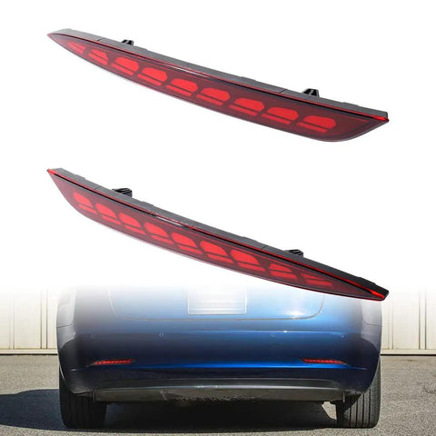 Street Ready Sequential Led Rear Bumper Light Assembly For Tesla Model 3 2017 To 2022 showcasing two sleek red light modules.