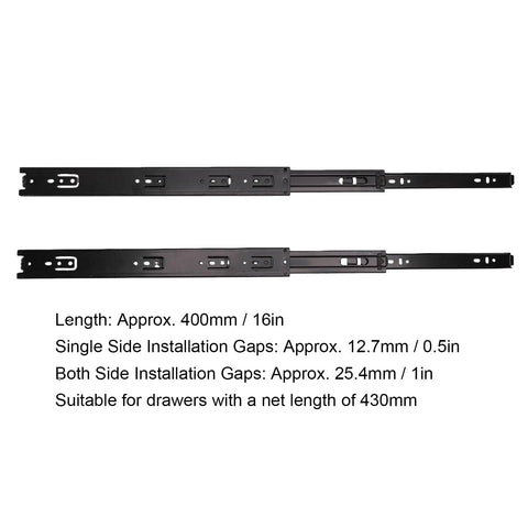 16 Inch Beefed Up Drawer Slides With Full Extension Ball Bearing Rails 100Lb Capacity Twelve Point Five Millimeter Thick Cold Rolled Steel Rubber Pads Ideal For Kitchen Dresser Desk Office Cabinets. black 16in slide set