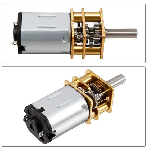 Two Pack DC Micro Gearbox Motors 3V 100 RPM N20, 17x12mm body with 10x3mm shaft, showing metal gear train.